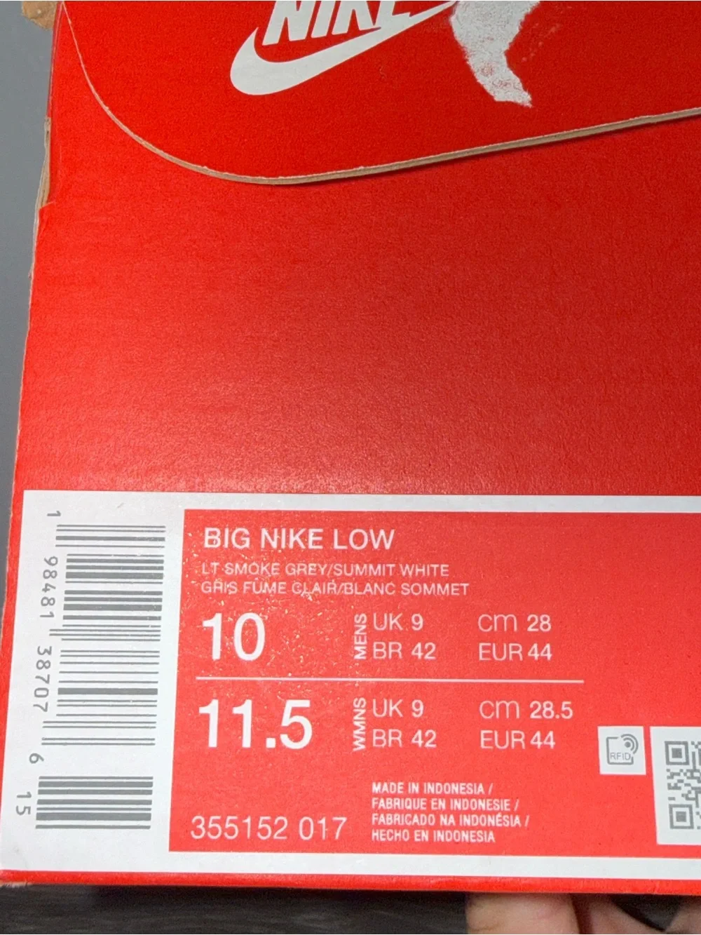 Nike Men’s Big Nike Low Shoes, Size 10M, Light Grey/Summit White, New In Box